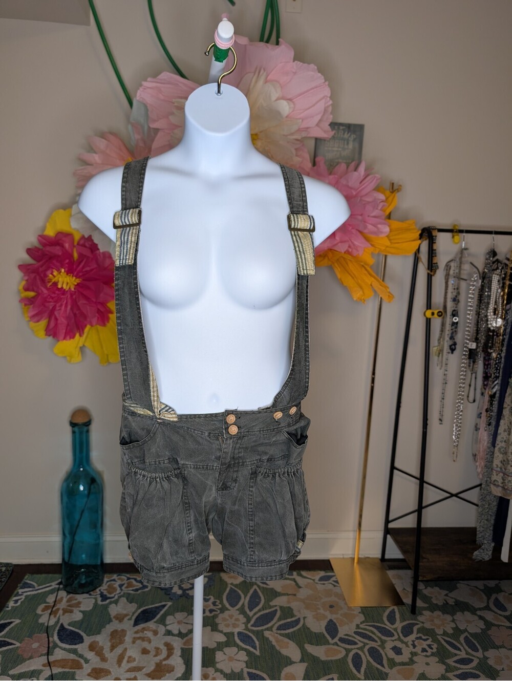 2014 - Binetti Faded Black Denim Shortalls Suspender Shorts Size 6